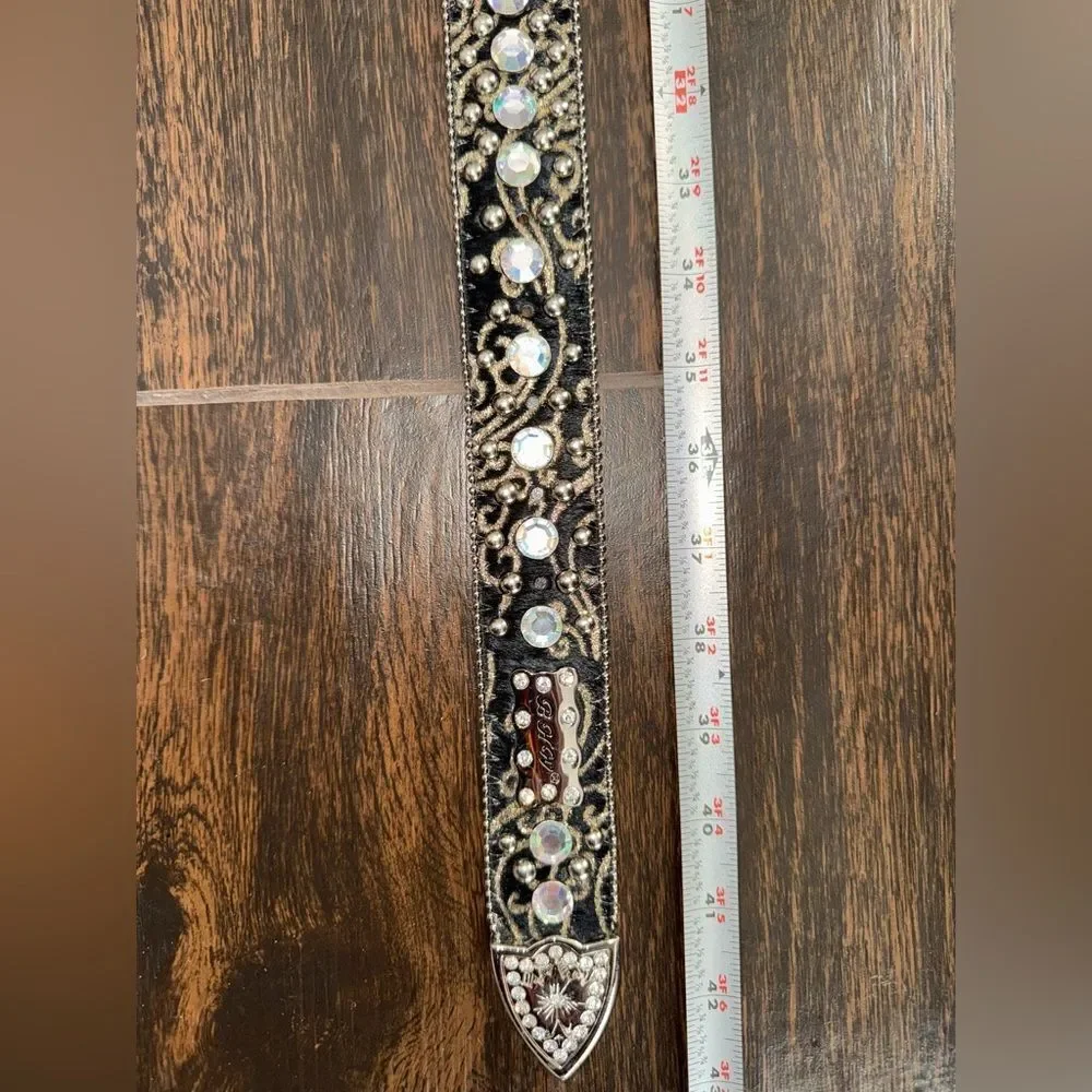 BHW Genuine Leather Cross Rhinestone Western Cowgirl Bling Belt Size large nwot
